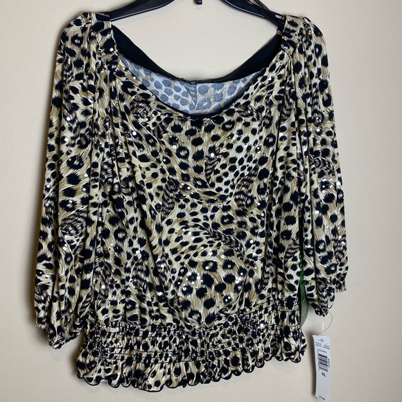 Blu Sage Tops - Blu Sage‎ Black and Cream Leopard Print Blouse with Sequins.